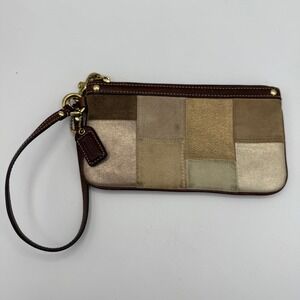 Coach Patchwork Suede and Metallic‎ Leather Wristlet - Brown Gold Neutral Tones